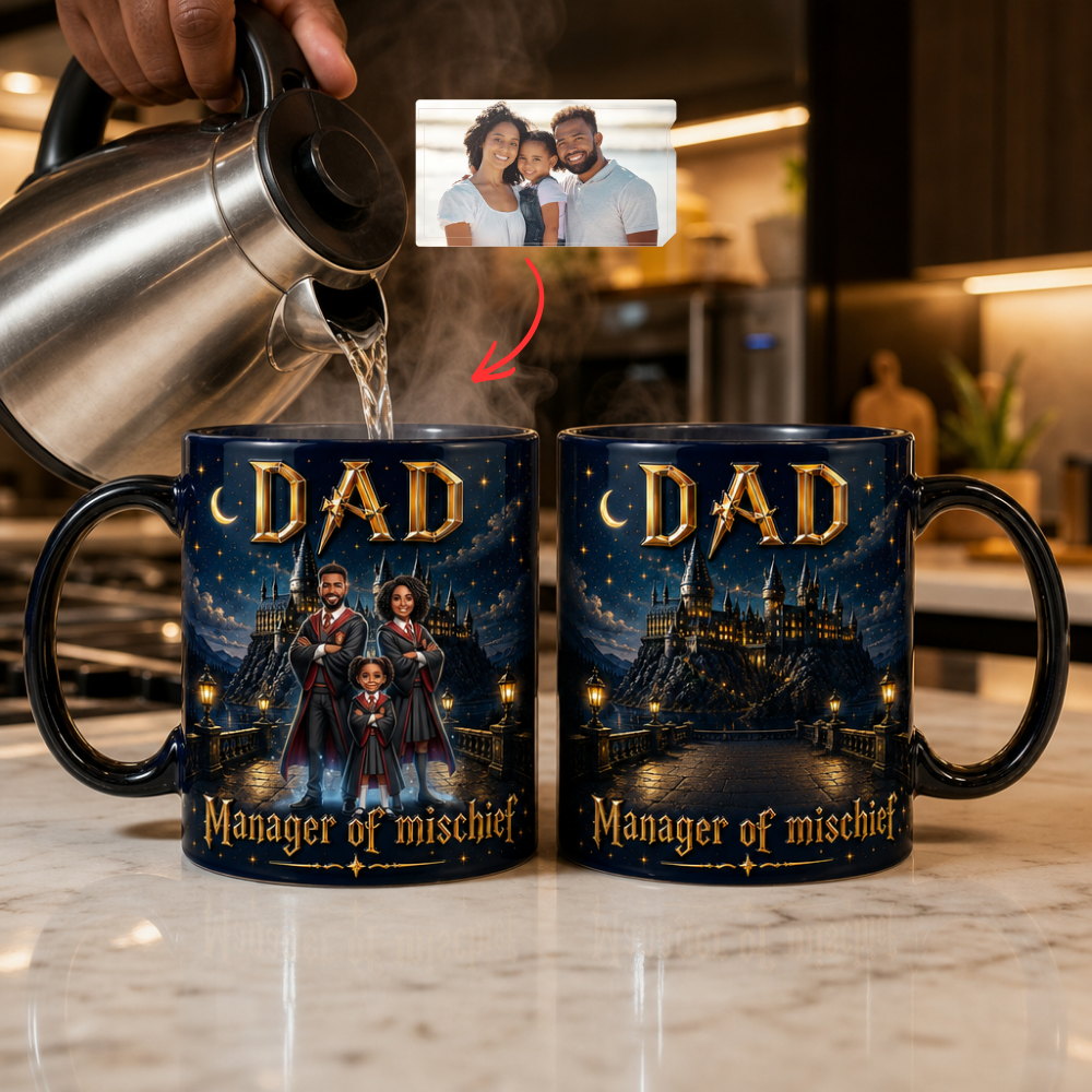 Custom Magic Heat Changing Mug, Personalized Wizard Family Photo Mug, Color Changing Coffee Mug Gift for Fans, Custom Fantasy Mug for Dad & Family