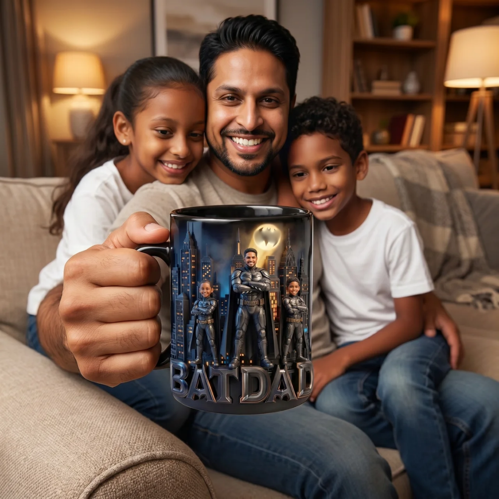 Custom Superhero Dad Mug, Personalized Batman Style Photo Mug for Dad, Custom Family Coffee Mug Gift, Father’s Day Mug for Dad, Personalized Gift for Super Dad