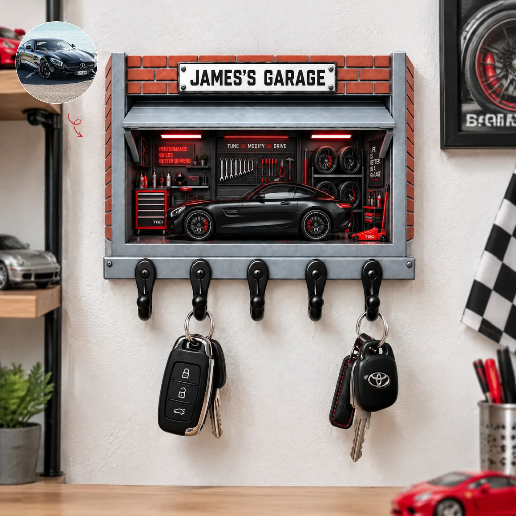 Custom Garage Key Hanger With Name, Personalized Car Garage Wall Decor, Gift for Car Lovers, Mechanics and Auto Enthusiasts hn08102026
