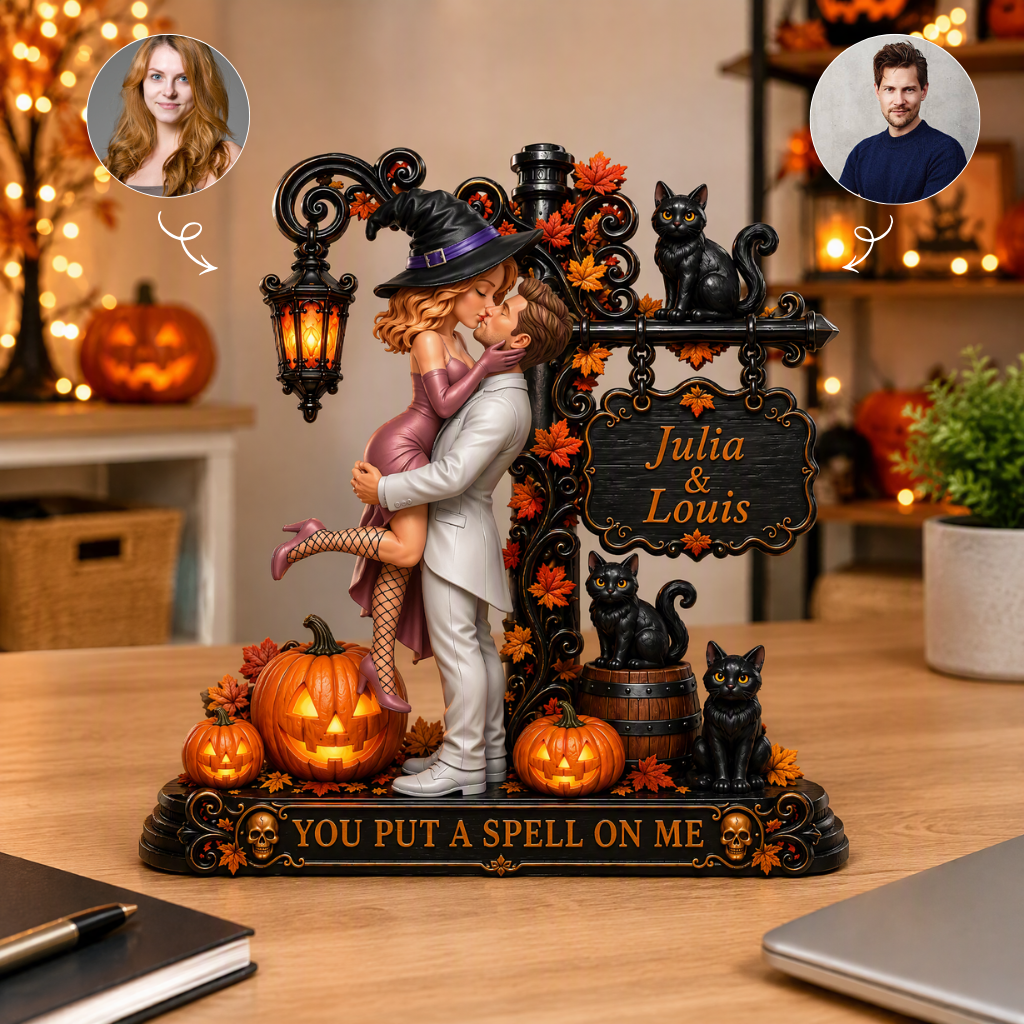 Custom Couple Photo Name Halloween Plaque, Personalized Spooky Love Decor, Gift for Couples hn20082026