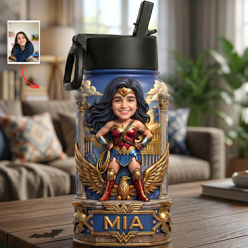 Custom Photo & Name Kids Water Bottle - Stainless Steel Superhero Gift