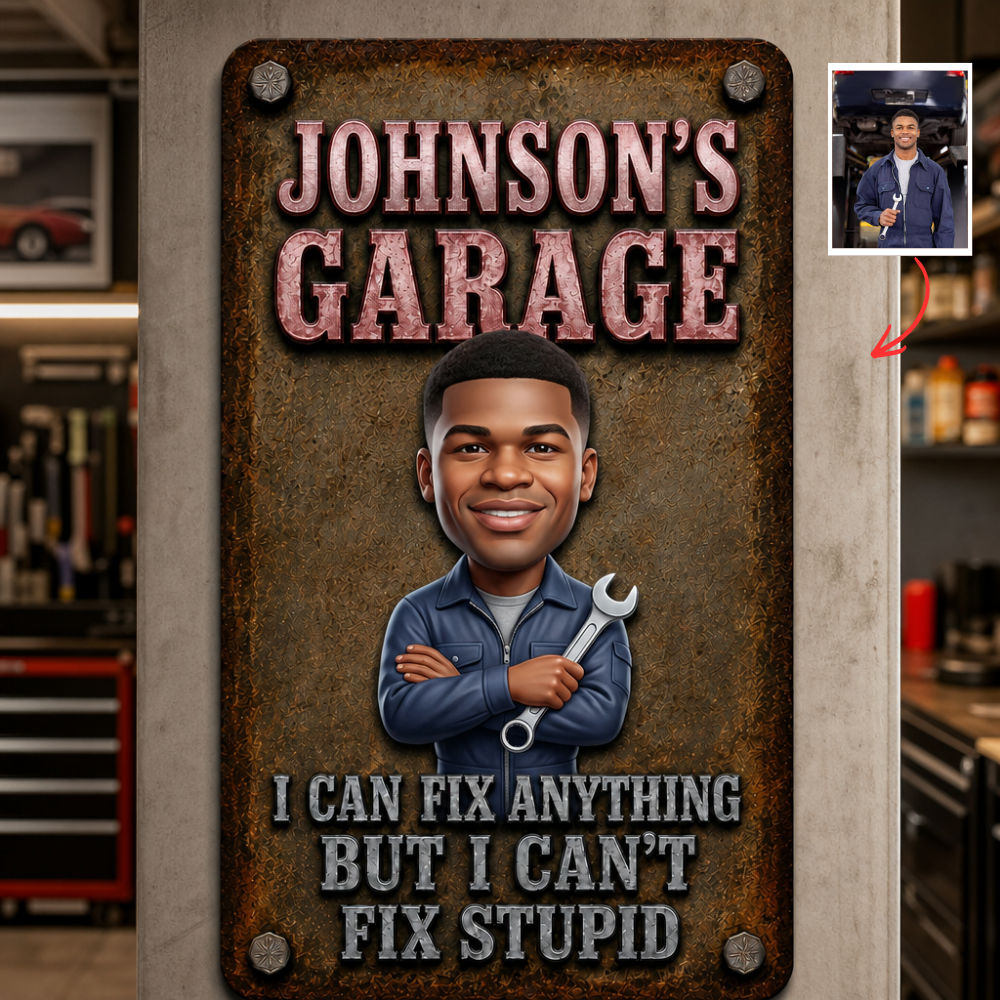 Custom Photo Metal Sign Personalized Garage Wall Decor Gift For Dad Funny Mechanic Metal Sign Custom Face Workshop Sign Father's Day Gift For Him Garage Wall Art