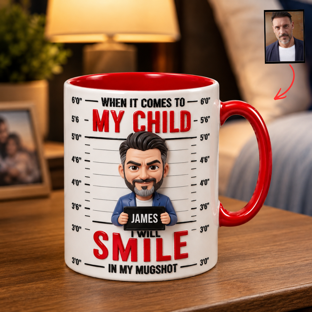 Personalized Funny Dad Mug, Custom Photo Coffee Mug for Dad, My Child Will Smile In My Mugshot Mug, Humorous Father’s Day Gift for Dad