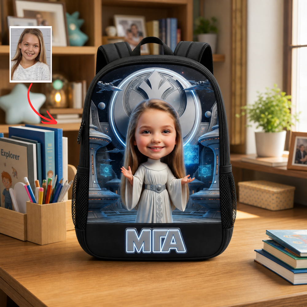 Custom Cartoon Photo Kids Backpack - Personalized Space Warrior School Bag