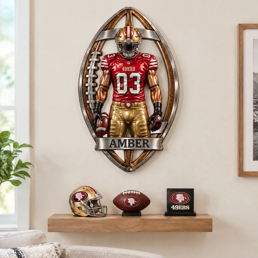 Football Player Metal Sign With Custom Name, Personalized Football Wall Decor, Sports Man Cave Plaque, Unique Gift for Football Fans hn27102026