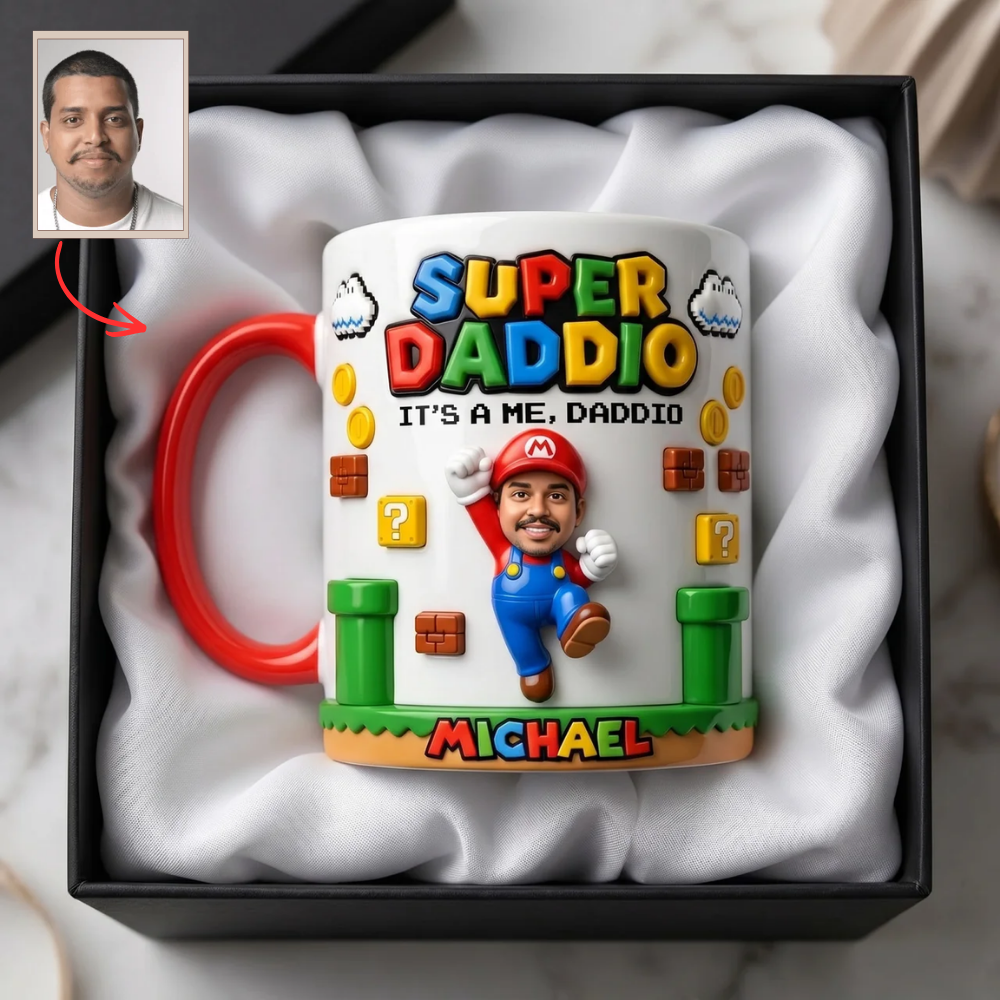 Custom Photo Mug for Dad – Super Daddio Personalized Coffee Mug – Funny Gamer Dad Gift with Name