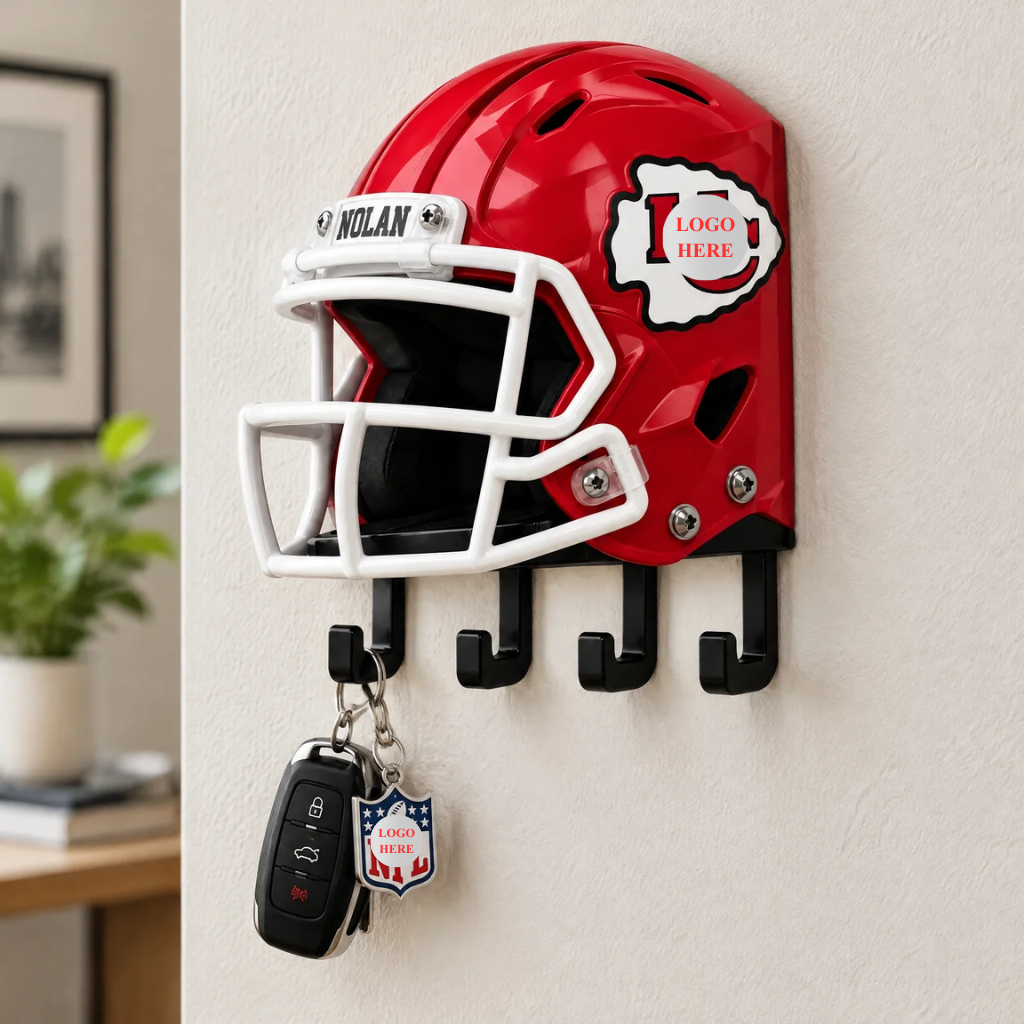 Football Helmet Key Holder With Custom Name, Personalized Wall Key Rack With 4 Hooks, Sports Room Decor, Gift for Football Fans hn23102026
