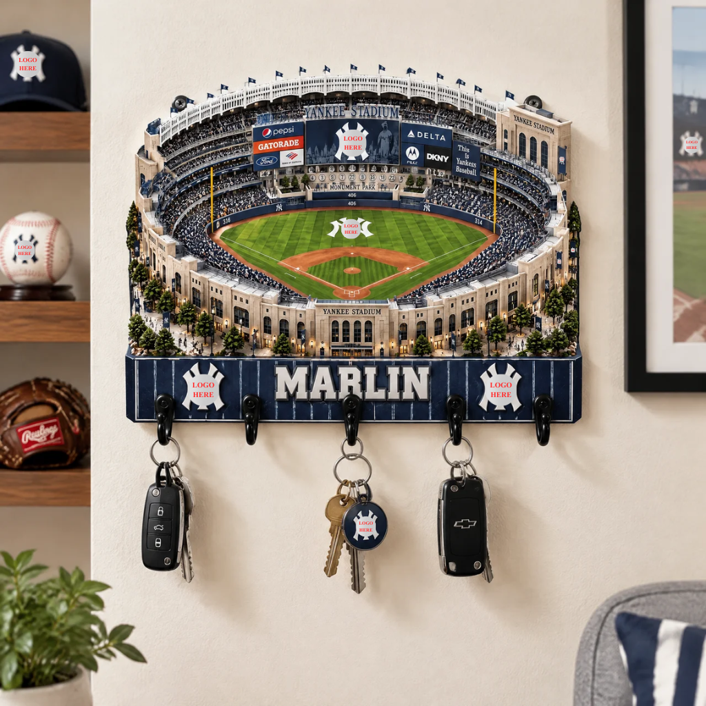 Baseball Stadium Key Holder With Custom Name, Personalized Ballpark Wall Decor, Sports Key Rack With 5 Hooks, Gift for Baseball Fans hn27102026