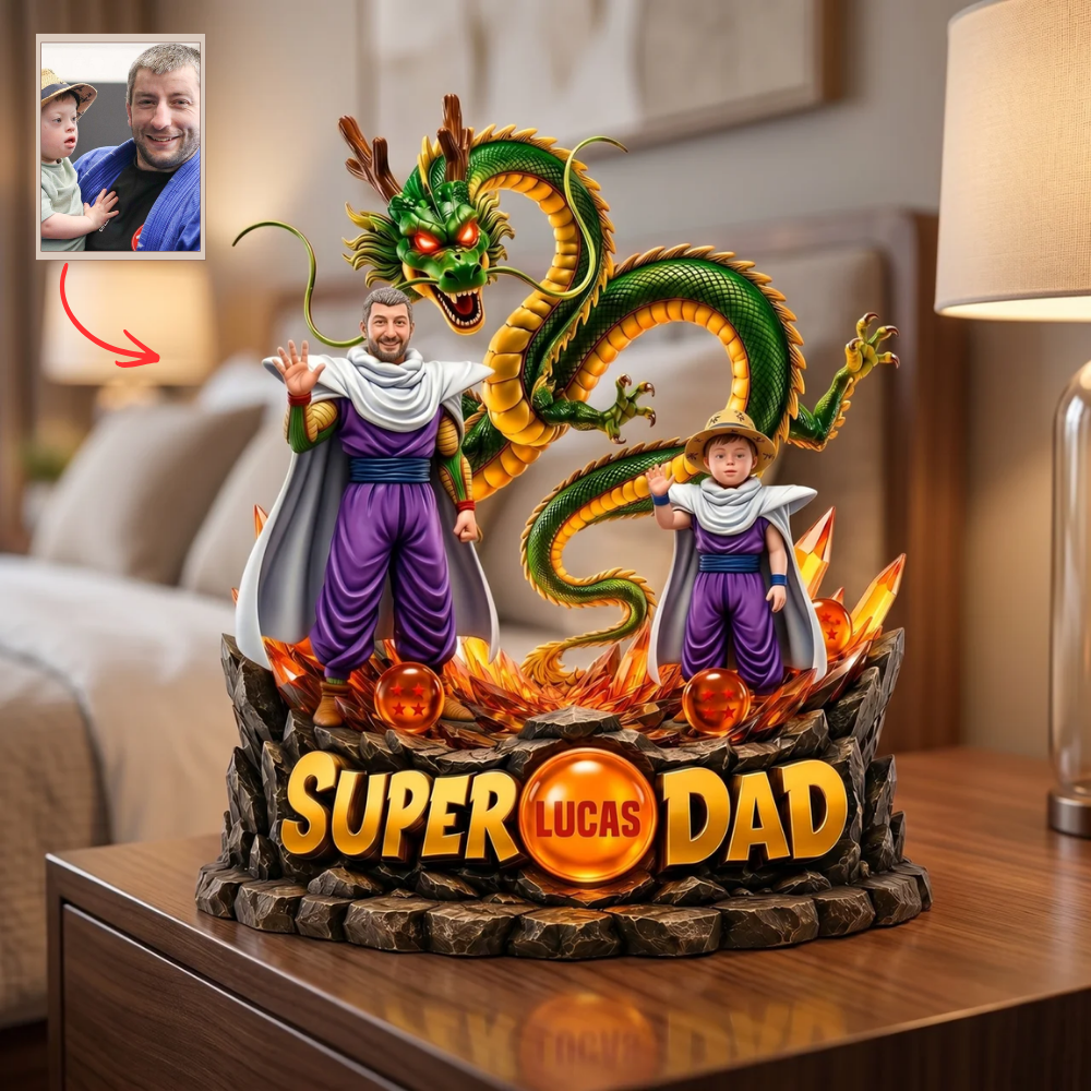 Custom Photo Plaque for Dad – Super Dad Dragon Gift – Personalized Father Son Keepsake – Anime Style Gift for Dad