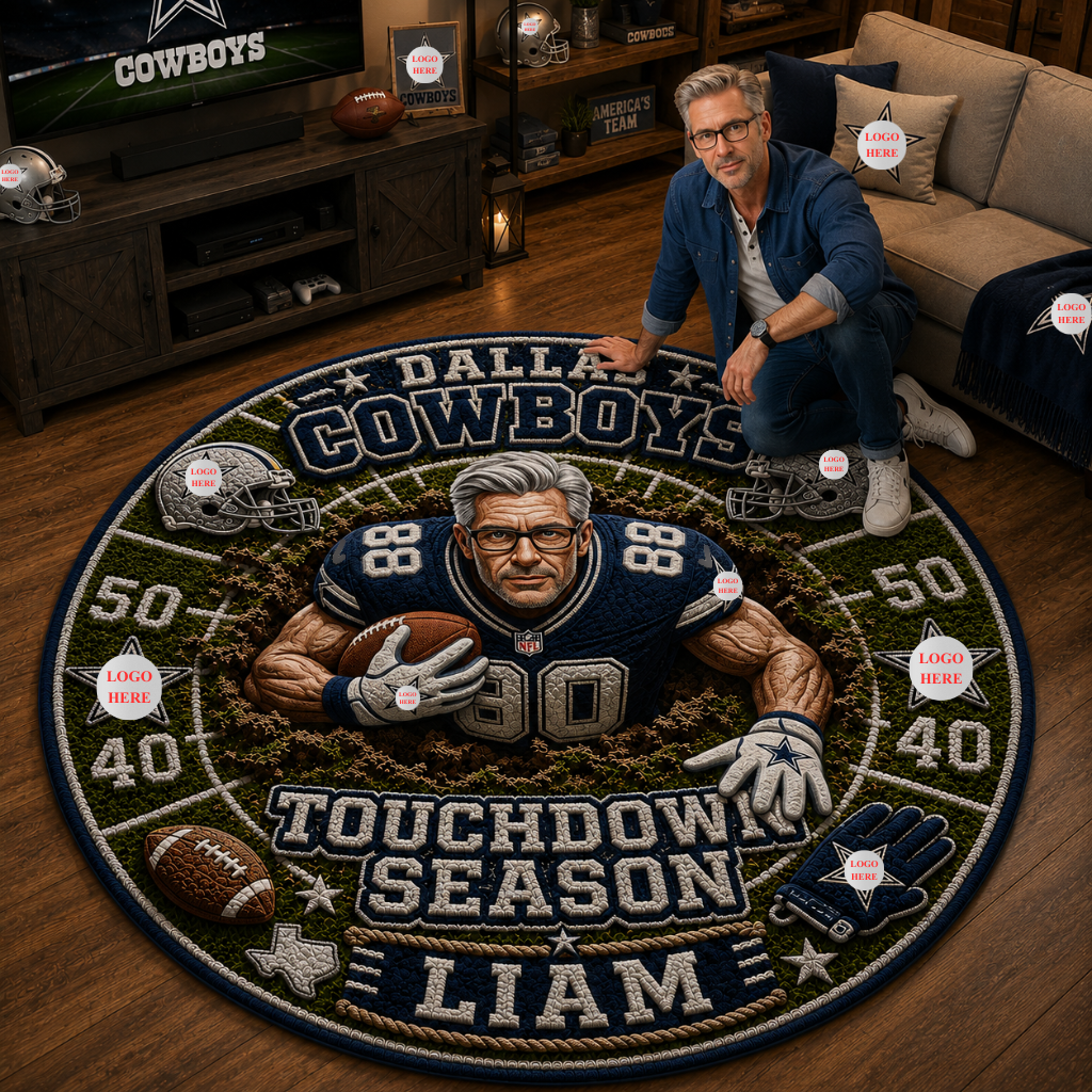 Custom Photo Name Football Rug, Personalized Sports Fan Floor Decor, Gift for Football Fans hn21082026
