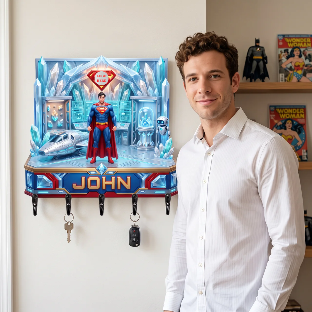 Personalized Clown Villain Key Holder With Custom Name, 3D Comic Book Wall Key Rack, Five Hook Organizer, Unique Gift for Comic Fans hn30102026