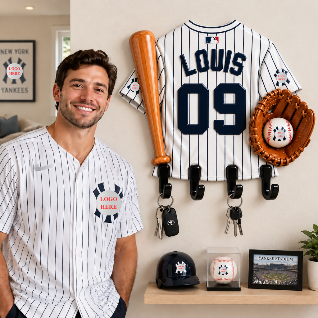 Baseball Jersey Key Holder With Custom Name, Personalized Sports Wall Rack With 4 Hooks, Game Room Decor, Gift for Baseball Fans hn28102026