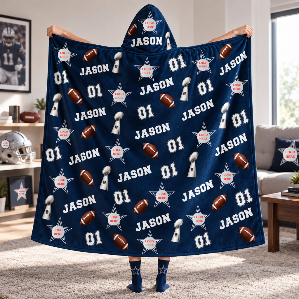 Custom Football Hoodie Blanket With Name, Personalized Sports Fleece Blanket Hoodie, Gift for Football Fans, Players and Sports Lovers hn14102026tp
