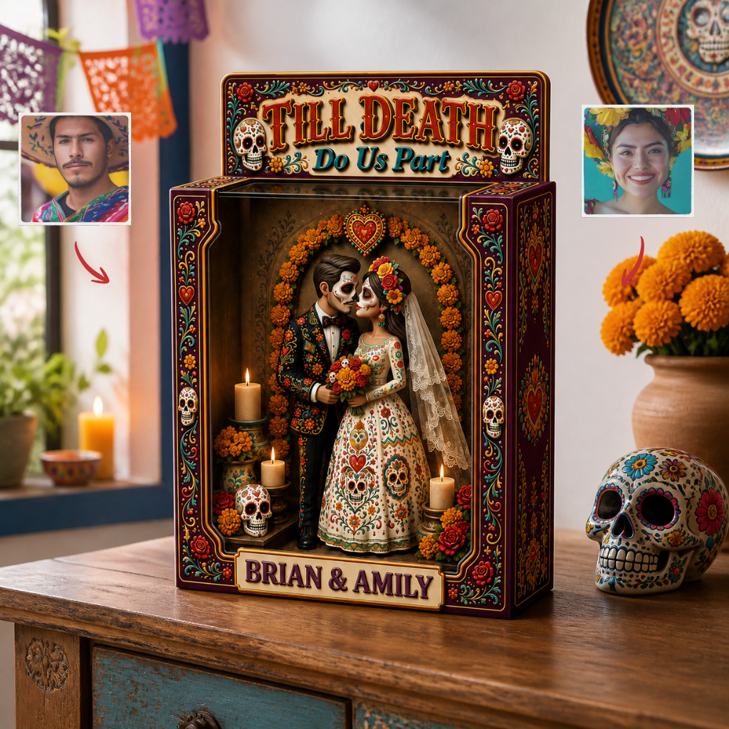 Custom Photo Name Couple Box Plaque, Personalized Day of the Dead Wedding Display, Romantic Gift for Couples hn05082026