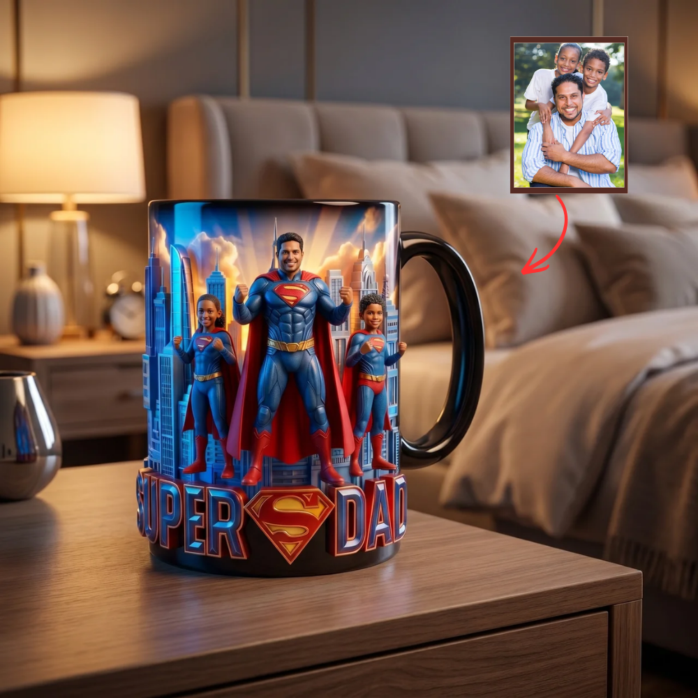Custom Super Dad Mug, Personalized Superhero Family Photo Mug for Dad, Custom Coffee Mug Gift for Father, Father’s Day Mug, Personalized Gift for Super Dad