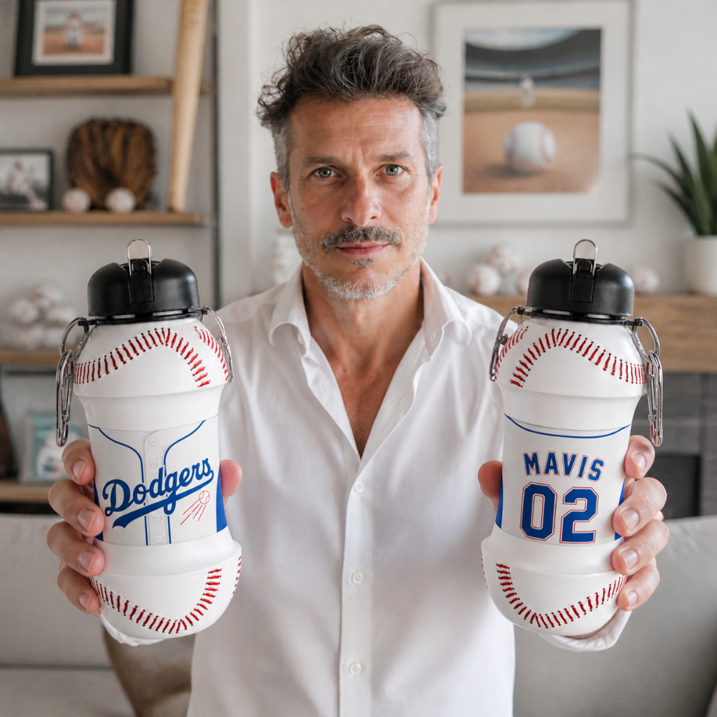 Custom Name Baseball Silicone Foldable Water Bottle, Personalized Sports Drink Bottle, Gift for Baseball Fans