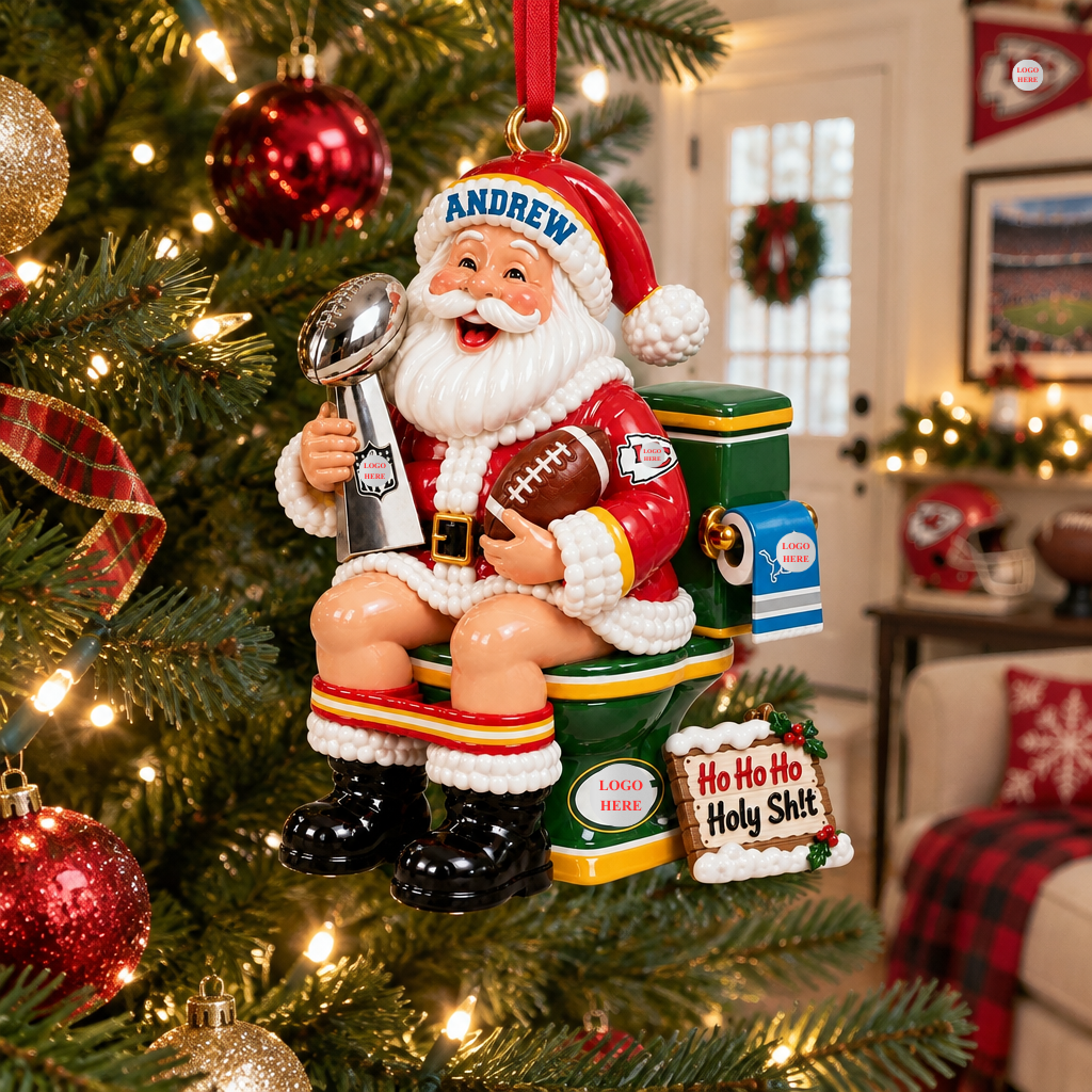 Funny Christmas Football Ornament With Custom Name, Santa Toilet Tree Decoration, Unique Holiday Gift for Football Fans and Sports Lovers hn15102026