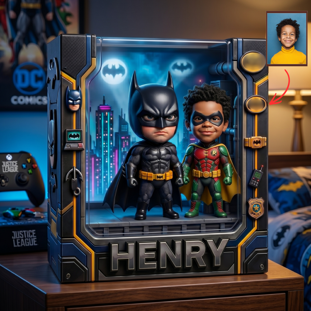 Custom Superhero Kid Photo Plaque, Personalized Comic Hero Display for Fans, Custom Action Figure Plaque, Personalized Gamer Room Decor, Gift for Superhero Fans