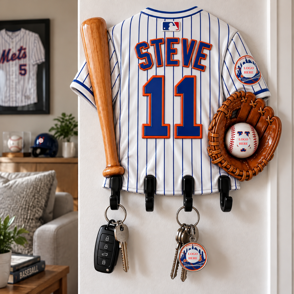 Baseball Jersey Key Holder With Custom Name, Personalized Sports Wall Rack With 4 Hooks, Game Room Decor, Gift for Baseball Fans hn28102026