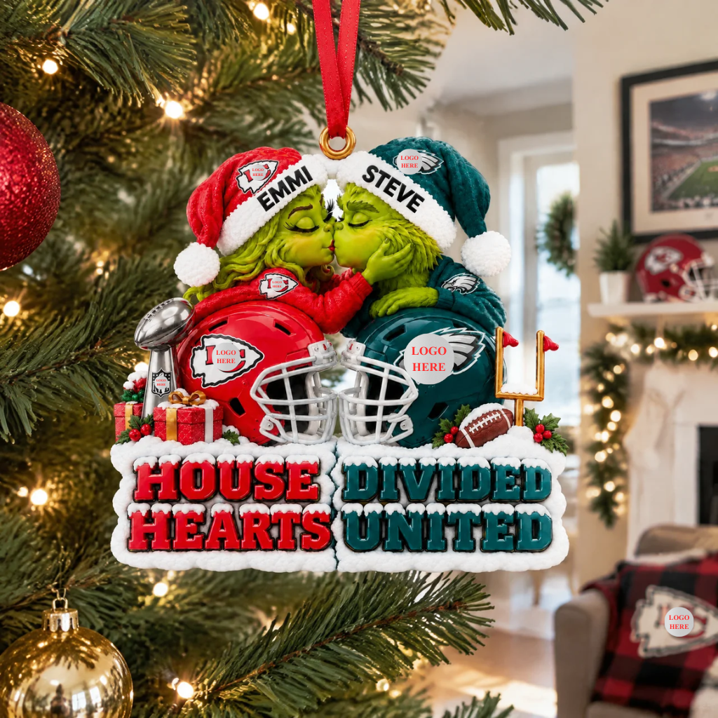 Funny Football Couple Christmas Ornament With Custom Names, House Divided Hearts United Holiday Decor, Unique Gift for Rival Football Fans hn22102026tp