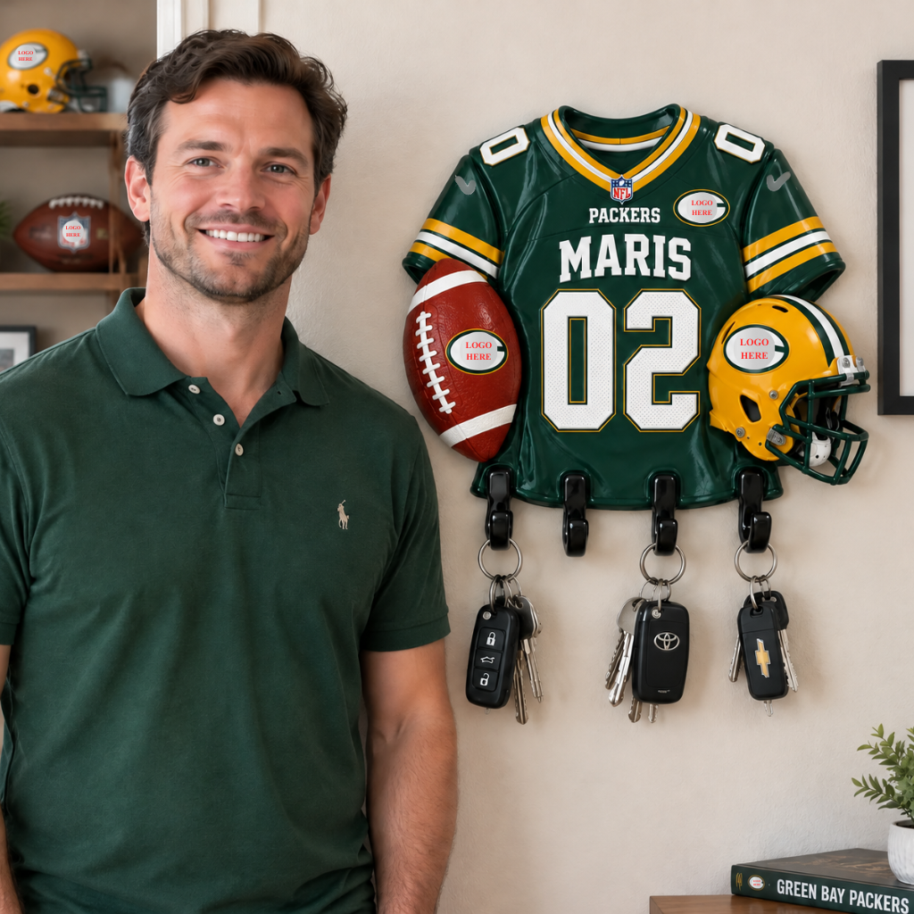 Football Jersey Key Holder With Custom Name, Personalized Sports Wall Rack, Game Room Decor, Gift for Football Fans hn27102026