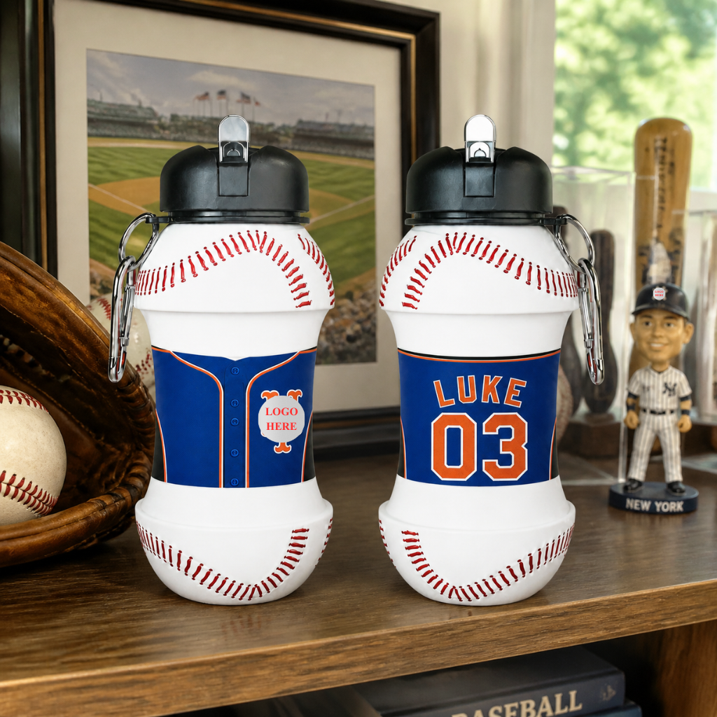 Custom Name Baseball Silicone Foldable Water Bottle, Personalized Sports Drink Bottle, Gift for Baseball Fans