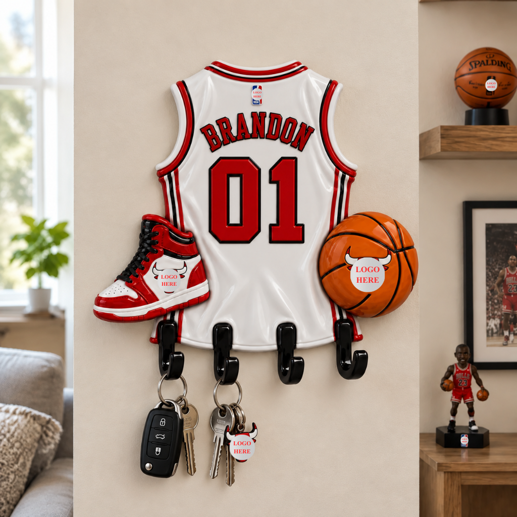 Personalized Basketball Jersey Key Holder With Custom Name and Number, Wall Mounted Key Rack, Sports Room Decor, Gift for Basketball Fans hn29102026tp