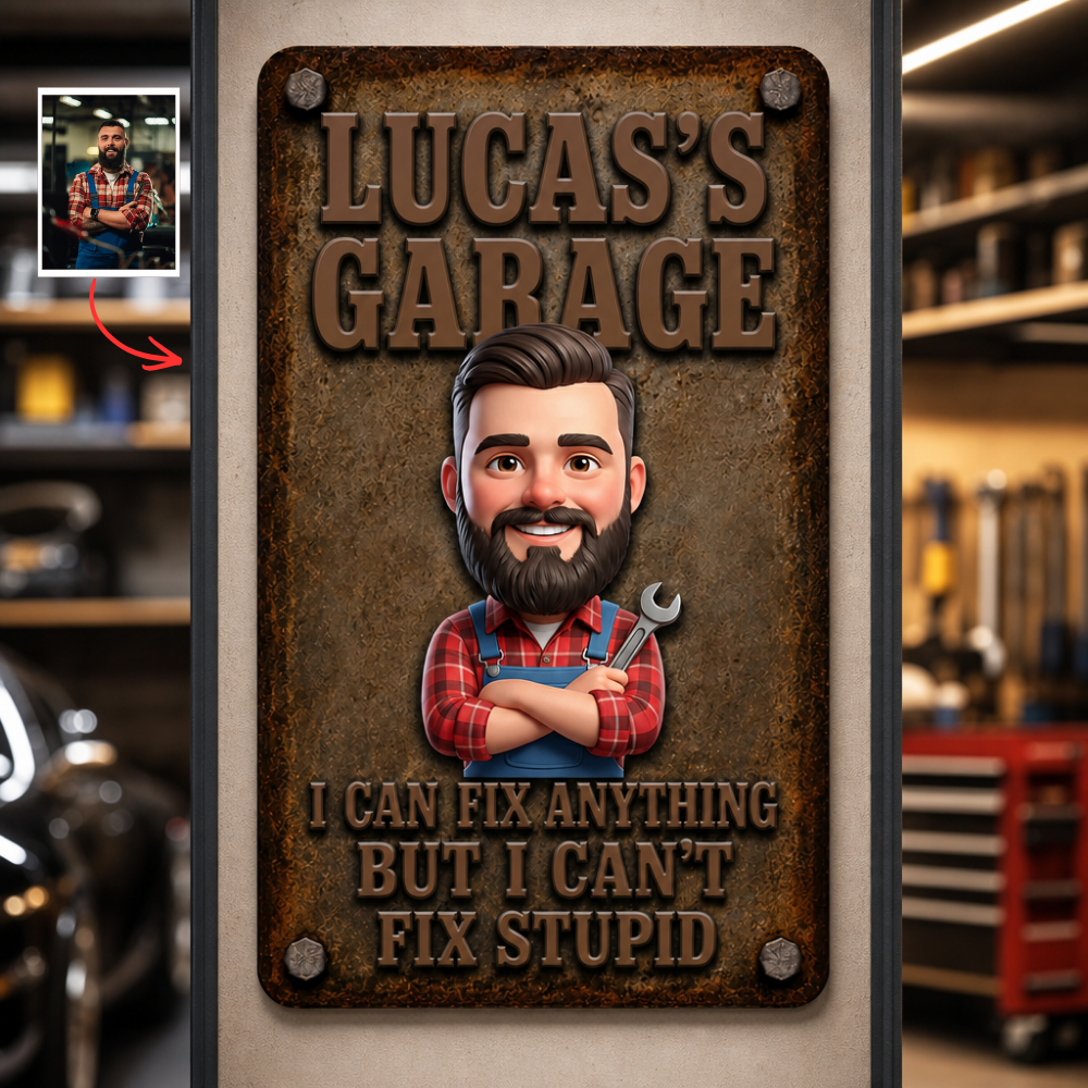 Custom Photo Metal Sign Personalized Garage Wall Decor Gift For Dad Funny Mechanic Metal Sign Custom Face Workshop Sign Father's Day Gift For Him Garage Wall Art