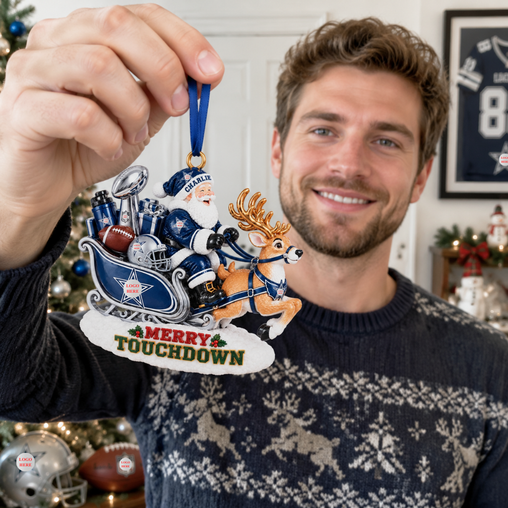 Custom Football Santa Sleigh Christmas Ornament With Name, Personalized Holiday Tree Decoration, Funny Sports Christmas Gift for Football Fans hn20102026
