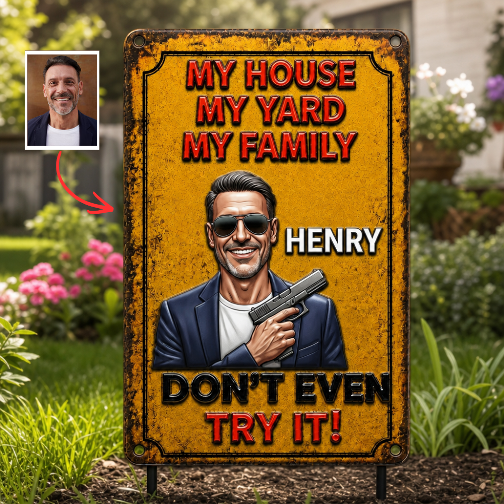 Custom Photo Metal Yard Sign Personalized Funny Warning Sign Gift For Dad Custom Face Metal Sign Outdoor Garden Decor Father's Day Gift For Him Family Yard Sign