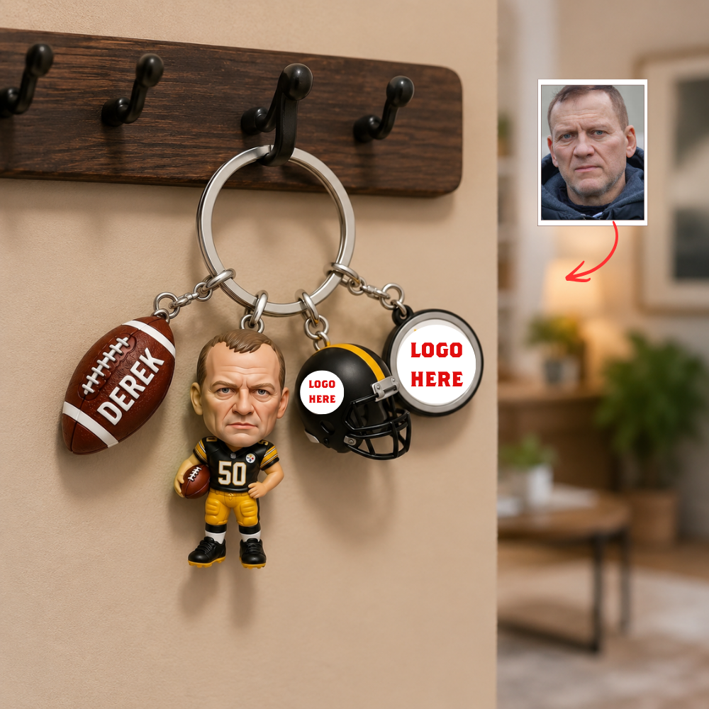 Custom Name Football Fanatic Keychain - 3D Avatar Gridiron Mascot Keyring Gift