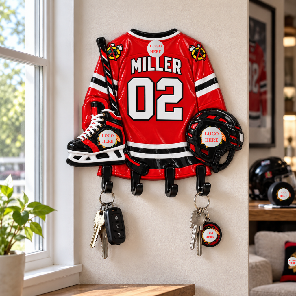 Personalized Hockey Jersey Key Holder With Custom Name, 4 Hook Wall Key Rack, Hockey Gear Decor, Unique Gift for Hockey Fans hn31102026tp