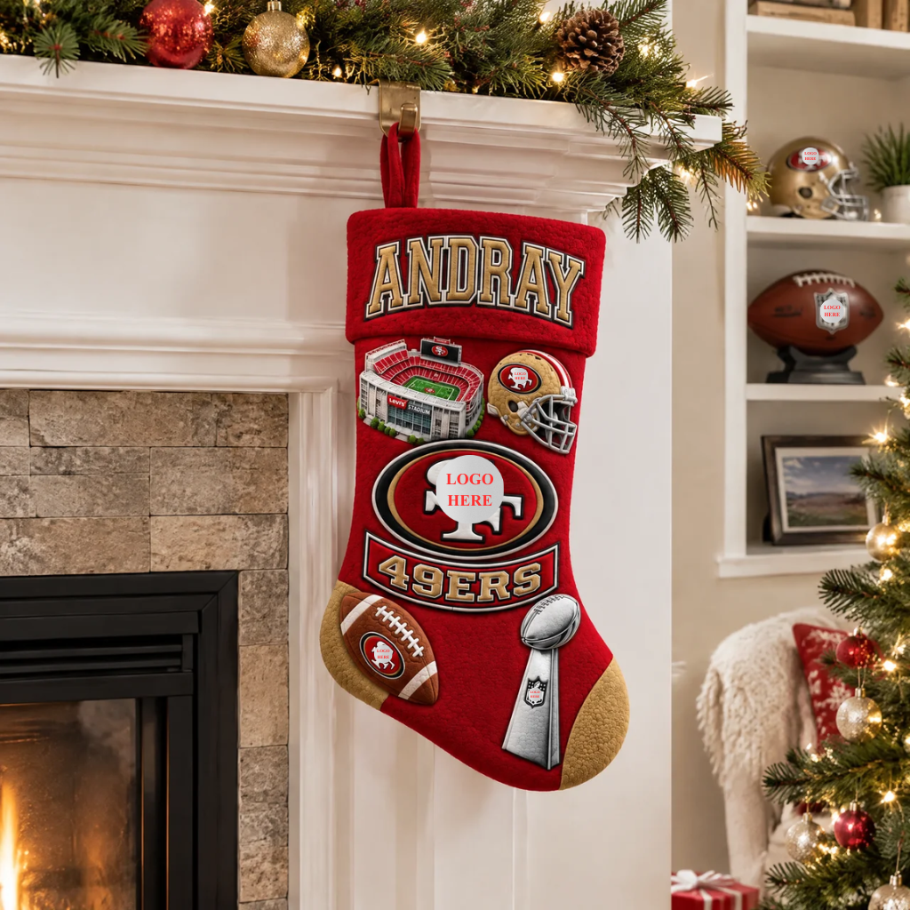 Personalized Football Christmas Stocking With Custom Name, Sports Team Holiday Decor, Red and Gold Stocking, Gift for Football Fans hn26102026