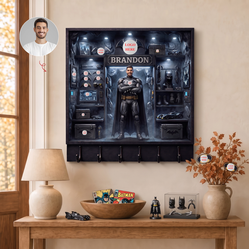 Custom Superhero Key Hanger With Photo and Name, Personalized Comic Wall Decor, Gift for Superhero Fans and Collectors hn18092026