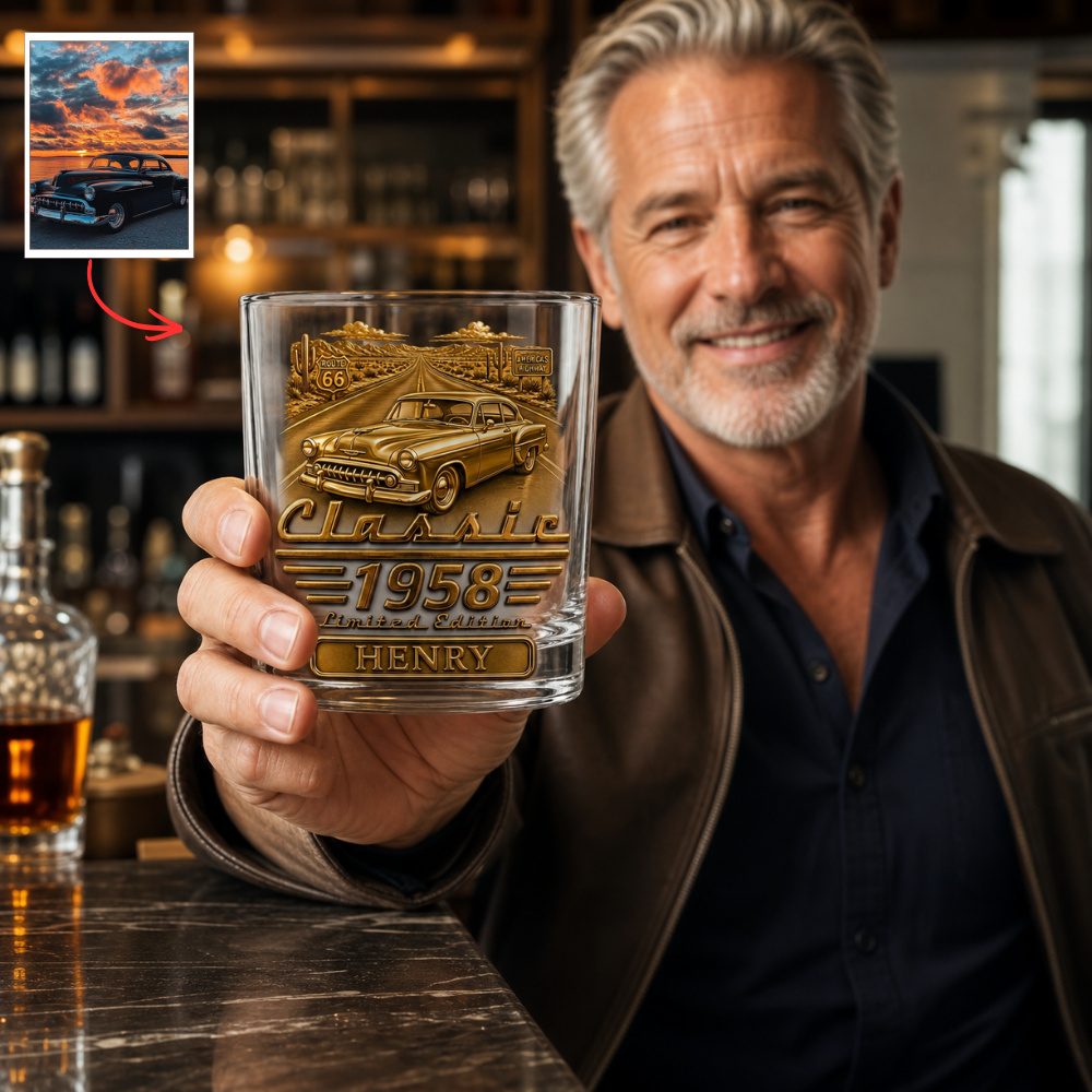 Custom Car Photo Route 66 Whiskey Glass - Personalized Vintage Auto Enthusiast Bourbon Gift