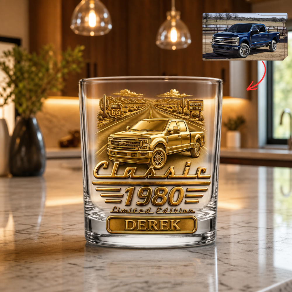Custom Car Photo Route 66 Whiskey Glass - Personalized Vintage Auto Enthusiast Bourbon Gift