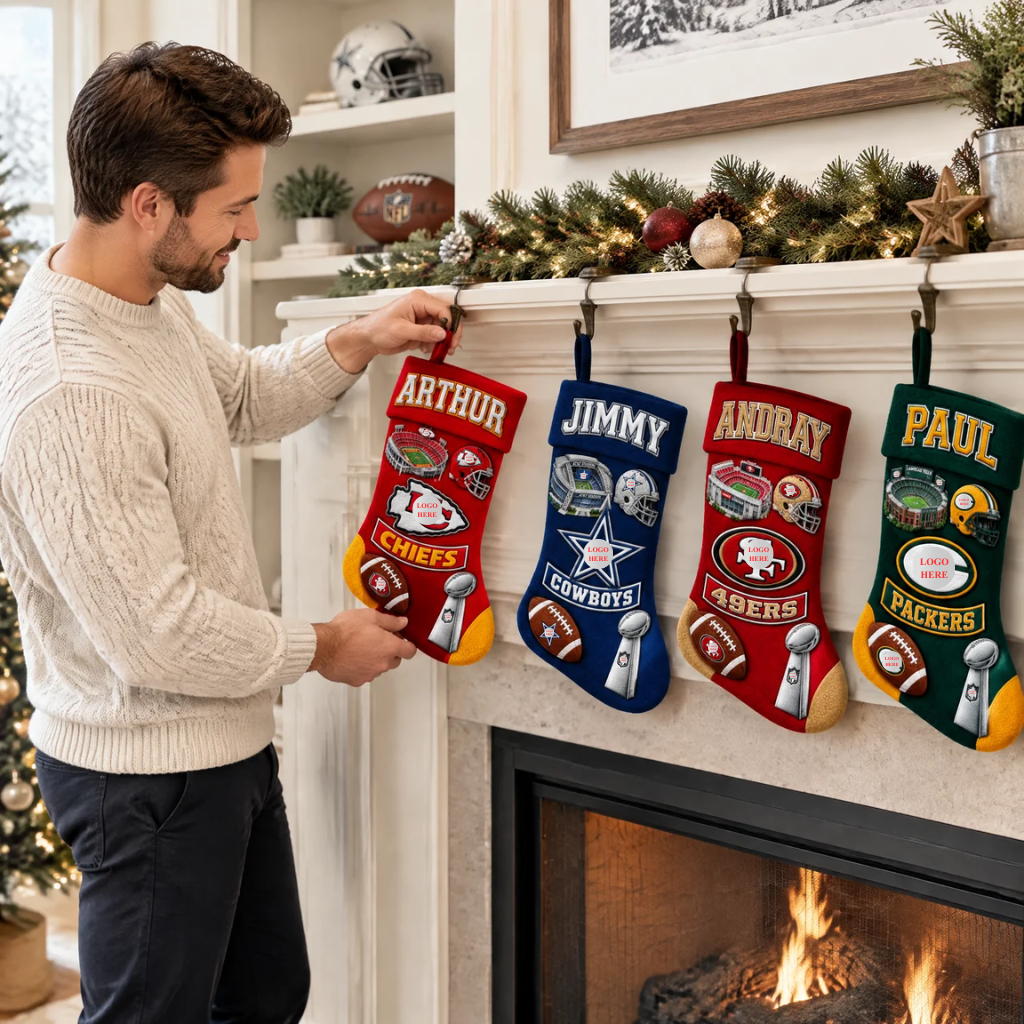 Personalized Football Christmas Stocking With Custom Name, Sports Team Holiday Decor, Red and Gold Stocking, Gift for Football Fans hn26102026