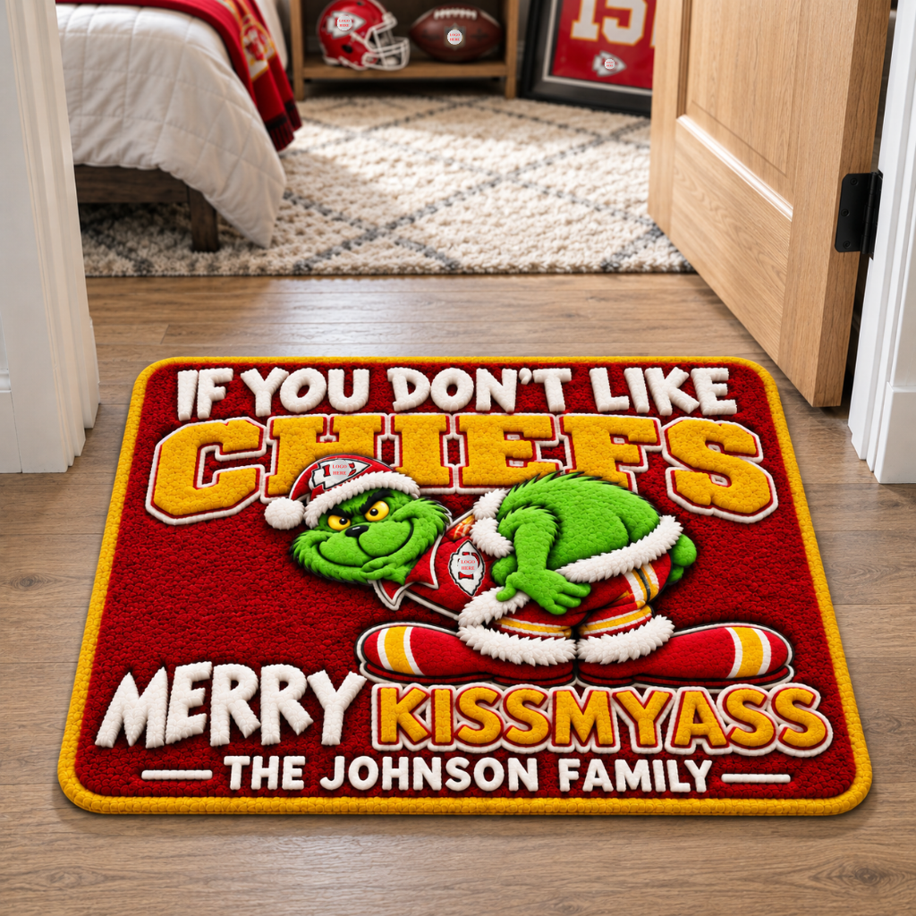 Funny Football Christmas Rug With Custom Family Name, Naughty Green Holiday Character Tufted Floor Decor, Unique Gift for Football Fans hn21102026