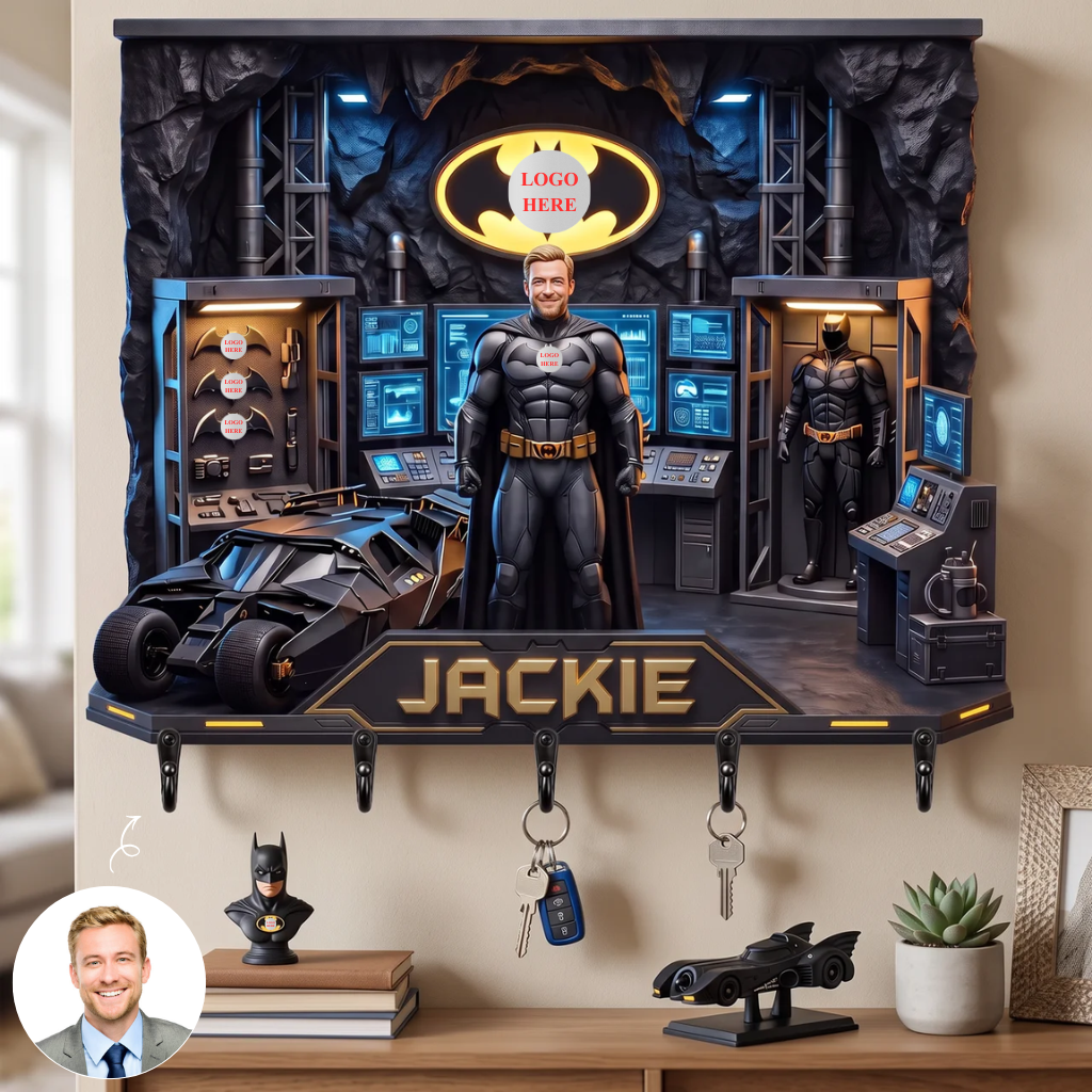 Personalized Clown Villain Key Holder With Custom Name, 3D Comic Book Wall Key Rack, Five Hook Organizer, Unique Gift for Comic Fans hn30102026