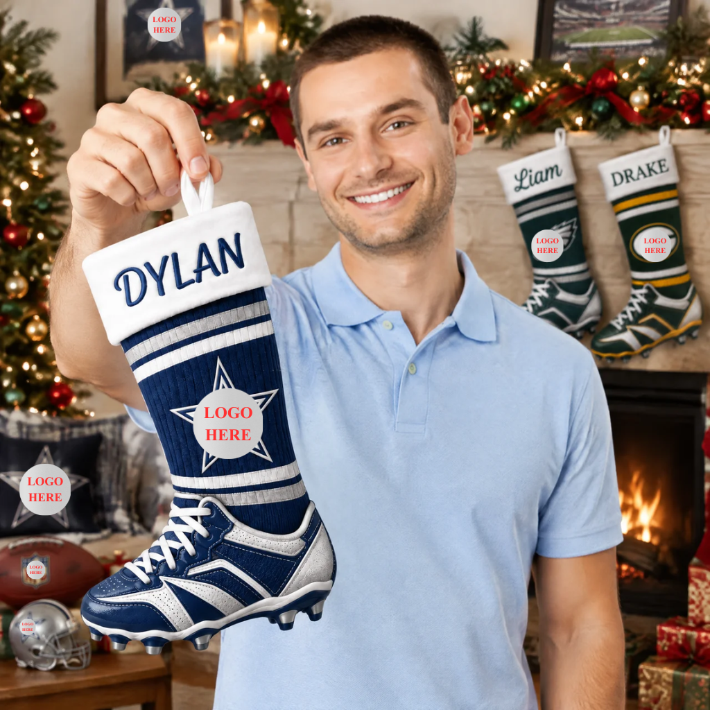 Custom Football Christmas Stocking With Photo and Name, Personalized Sports Holiday Decor, Gift for Football Fans and Players hn08102026
