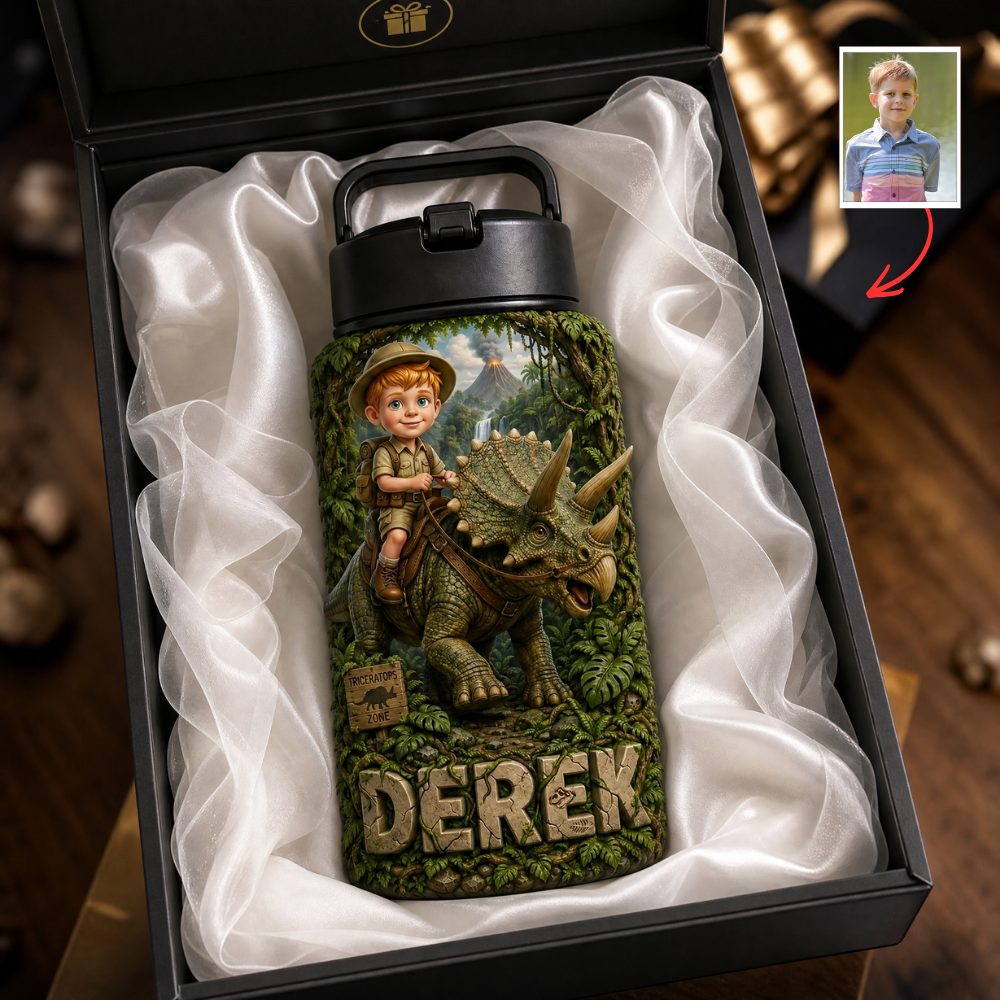 Custom Photo Dinosaur Kids Water Bottle - Personalized T-Rex Back To School Gift for Boys