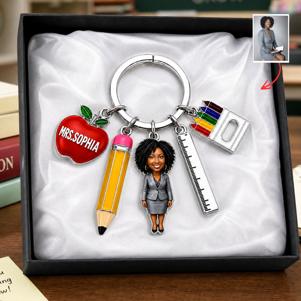Personalized Teacher Cartoon Avatar Keychain - Custom Name Apple & Pencil Charm Keyring