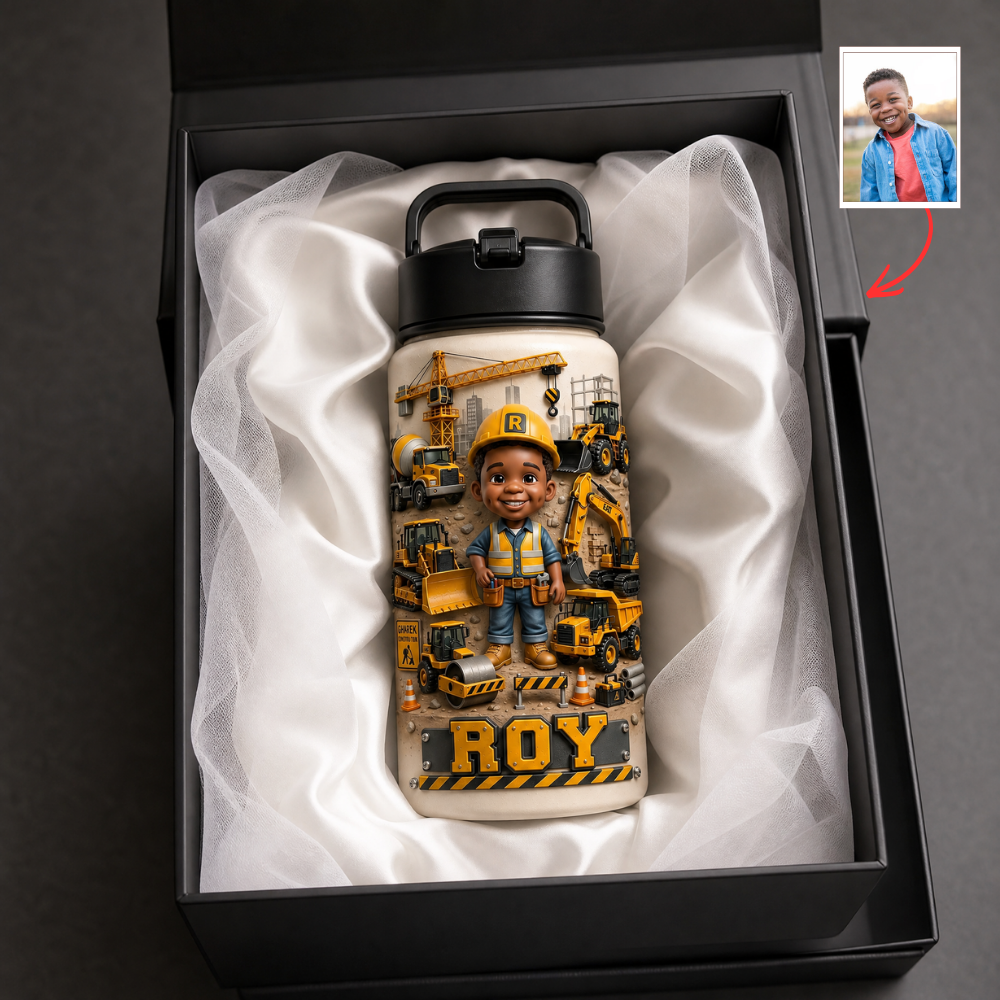 Custom Photo Construction Kids Water Bottle - Personalized Little Builder Back to School Gift
