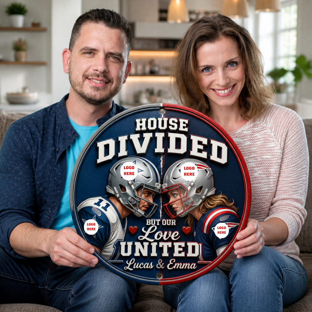 Custom Photo "House Divided" Football Door Sign - Personalized Gridiron Rivalry Couple Hanger