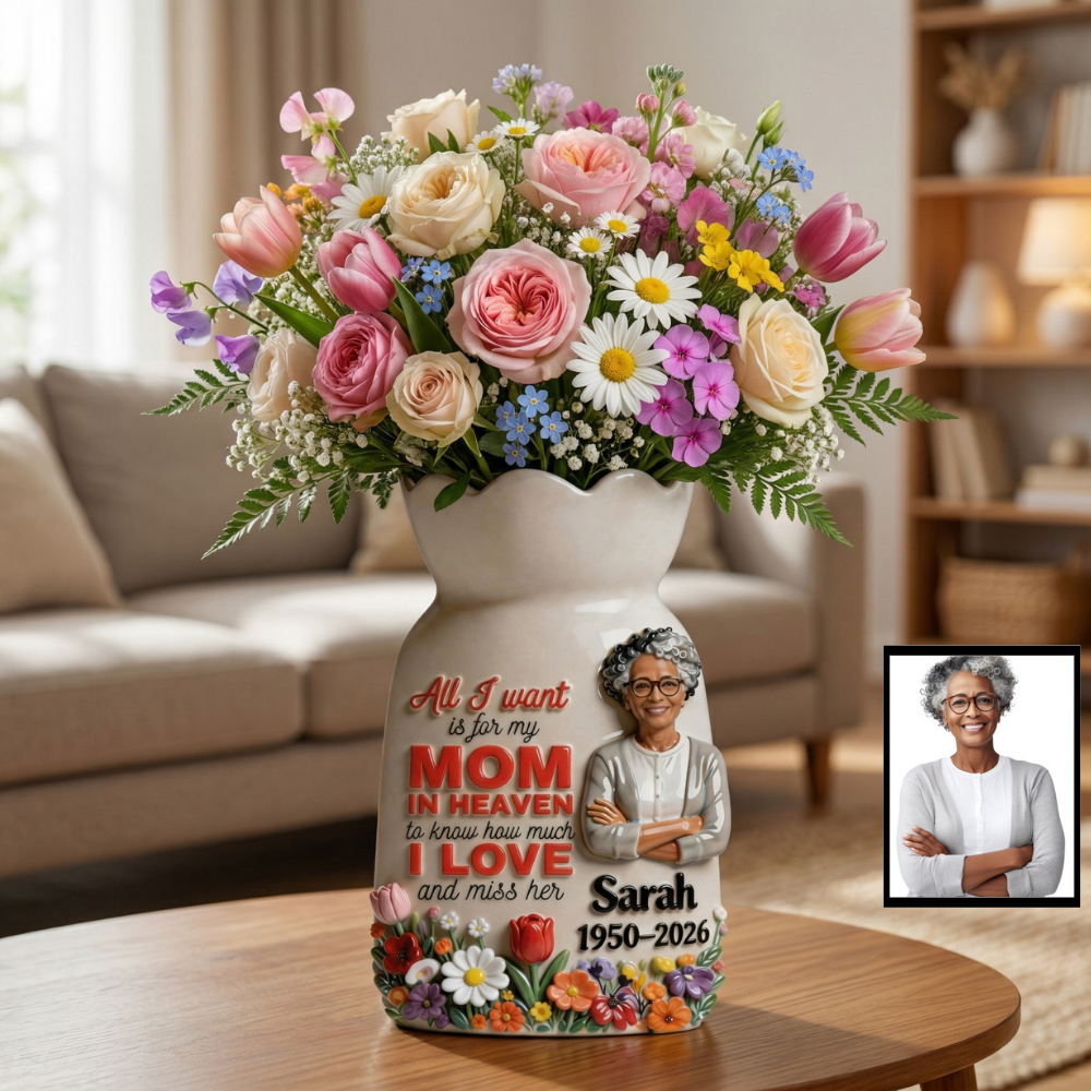 Personalized Memorial Vase for Mom in Heaven, Custom Photo Flower Vase, Sympathy Gift for Loss of Mother, Remembrance Gift with Picture
