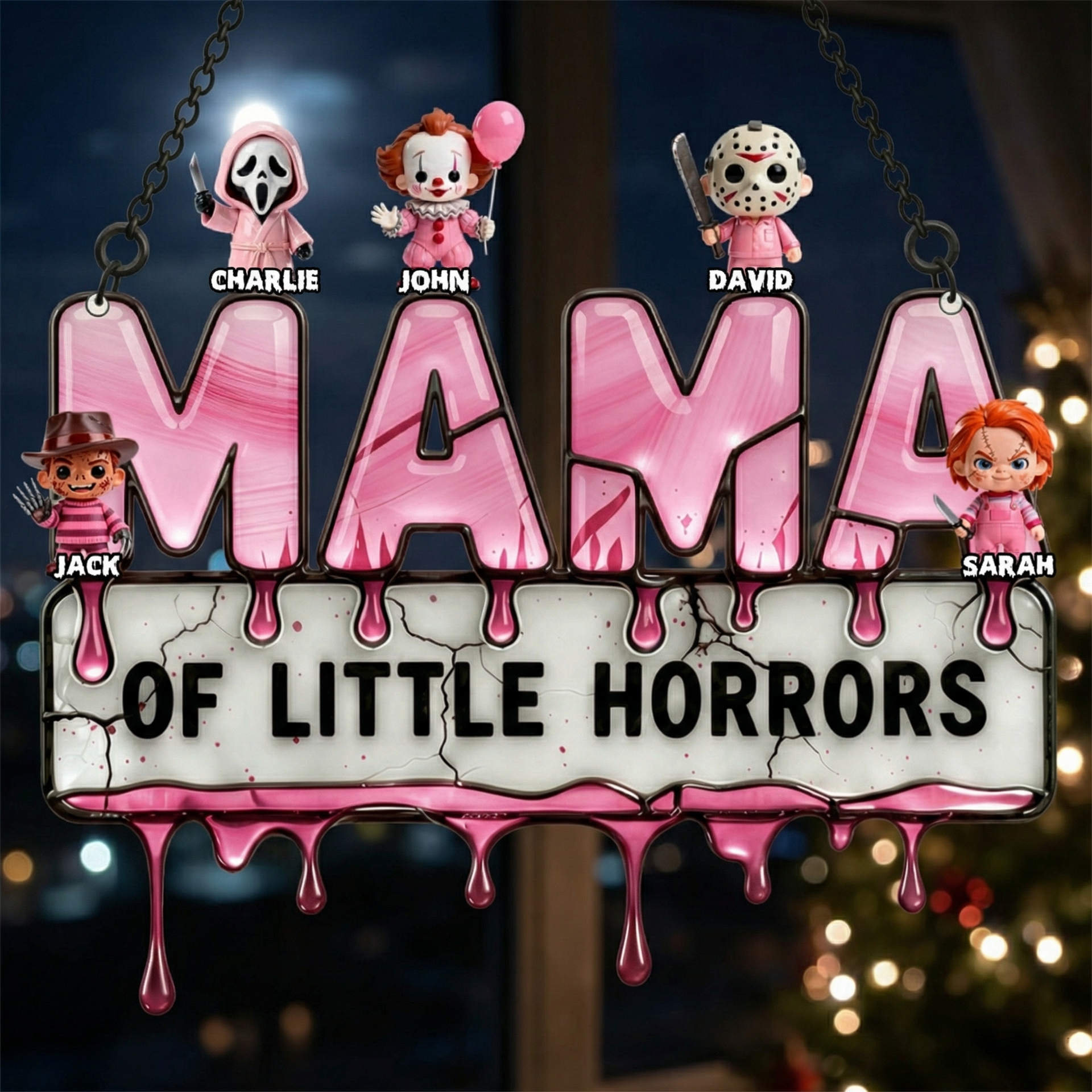Personalized Mom Suncatcher with Kids Names – Horror Theme Family Gift