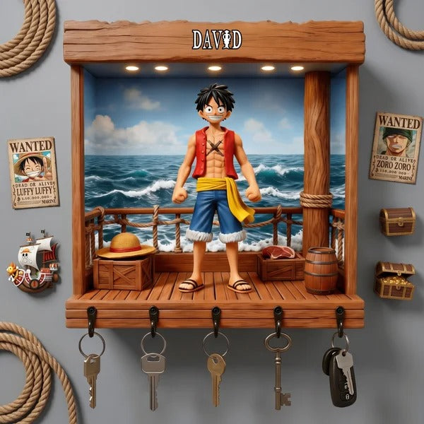 Personalized Anime Key Holder – Custom Name Wooden Key Hanger, Samurai Style Wall Key Rack, Unique Home Decor Gift for Him, Anime Lover Gift