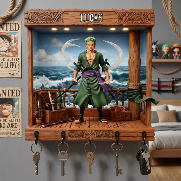 Personalized Anime Key Holder – Custom Name Wooden Key Hanger, Samurai Style Wall Key Rack, Unique Home Decor Gift for Him, Anime Lover Gift