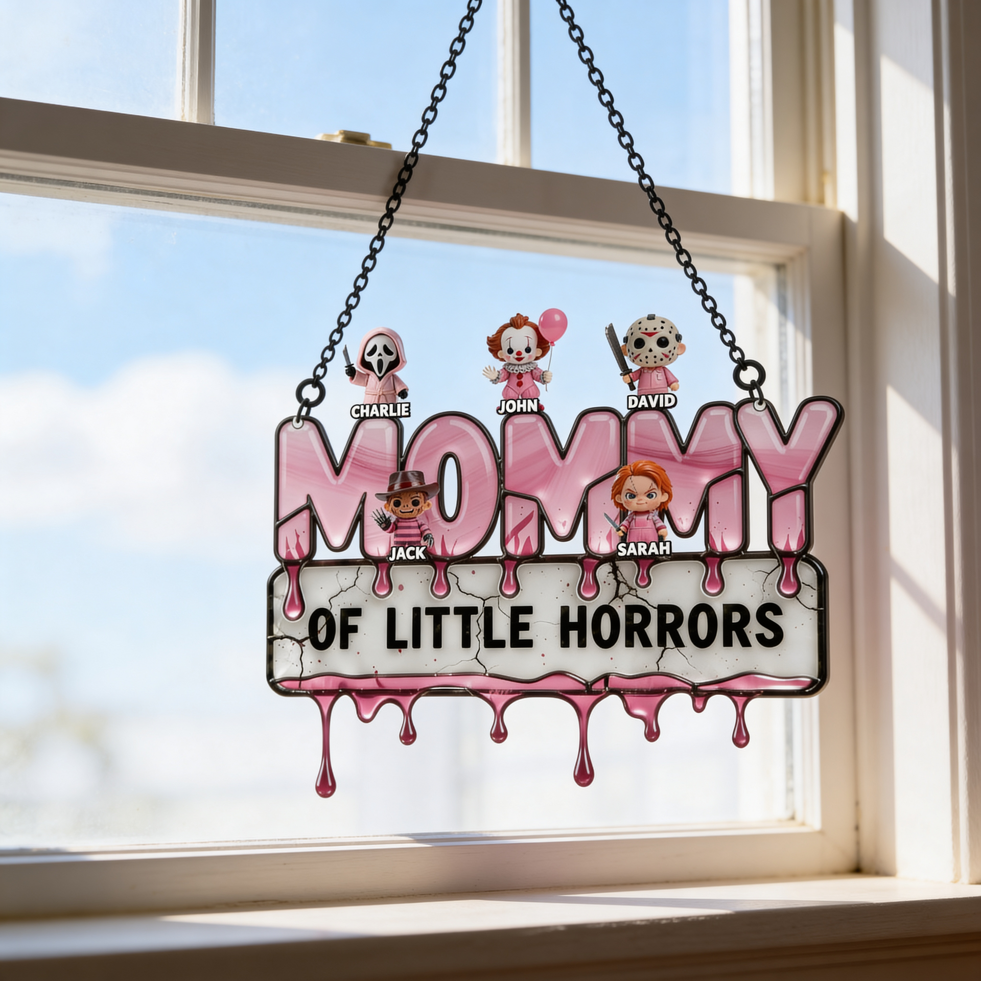 Personalized Mom Suncatcher with Kids Names – Horror Theme Family Gift
