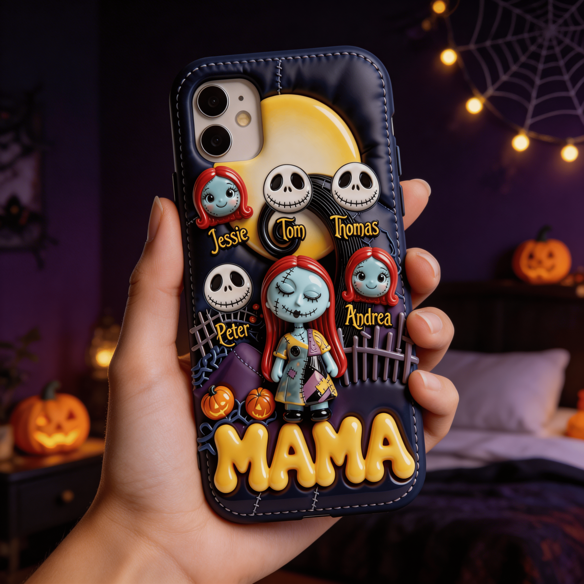Personalized Halloween Phone Case with Names – Custom Family Spooky Cartoon Design